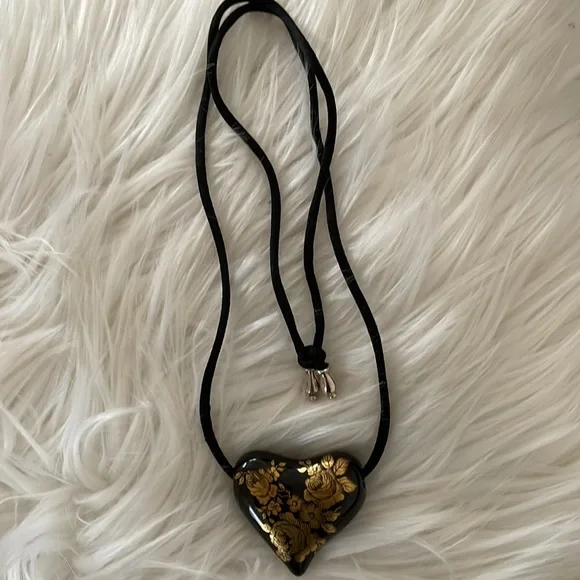 Sandra Pailet Vintage Necklace Porcelain Heart Handpainted Gold Roses 1970/80s - Picture 4 of 5